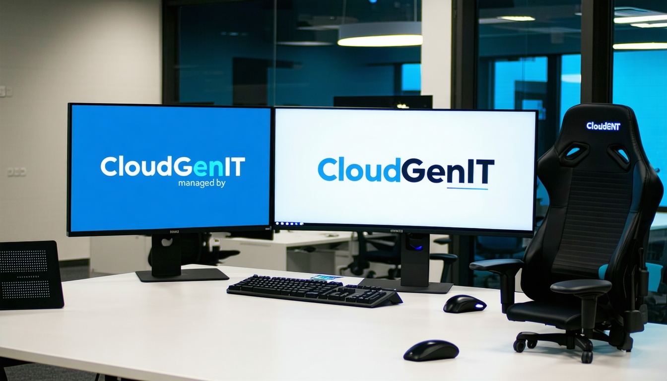Modern office setup with computers and monitors managed by CloudGenIT